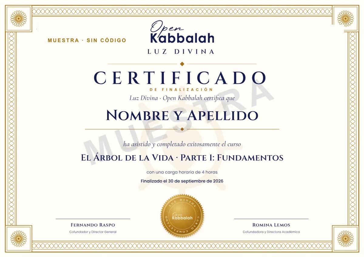 Muestra del certificado de finalización de Luz Divina